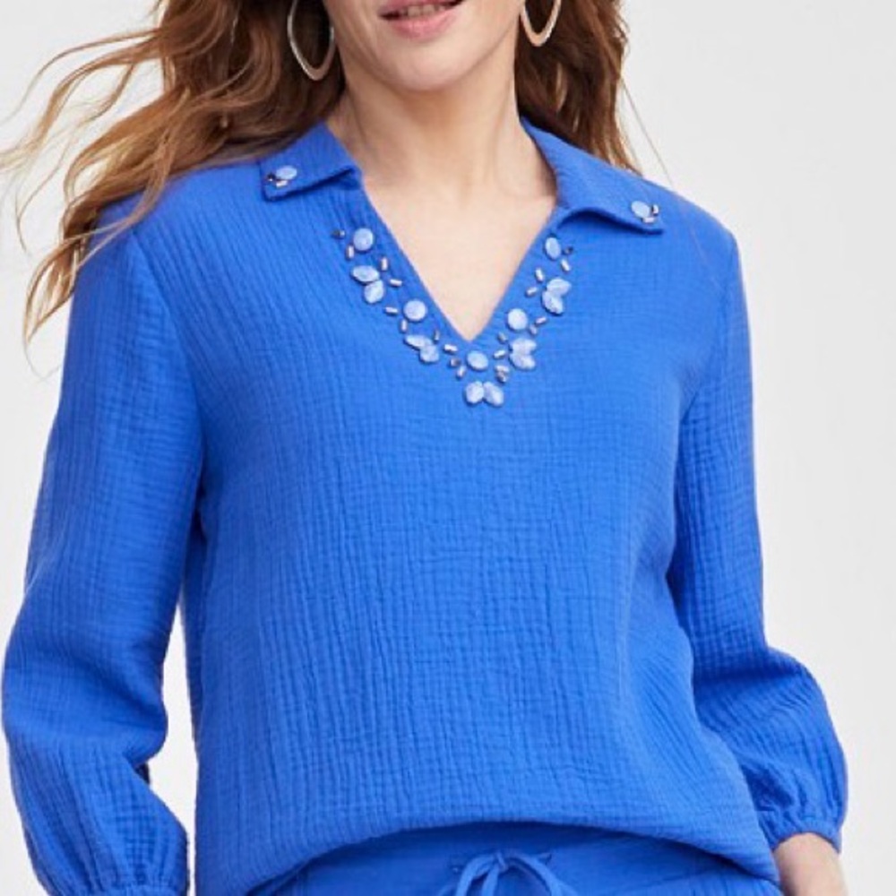 JM Collection Top Womens Large Beaded V-Neck Gauze Soft Chic‎ Boho Blouse